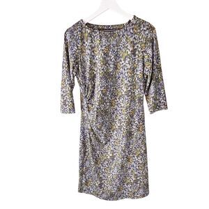 J. McLaughlin Blue Yellow‎ Dres Catalina Cloth Ruched 3/4 Sleeve Sheath Medium
